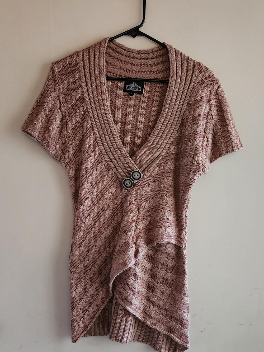 Angel Light Brown V‑Neck Cable Knit Short Sleeve Sweater